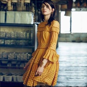 Mustard Yellow Octavia Ruffle Silk Eyelet Dress